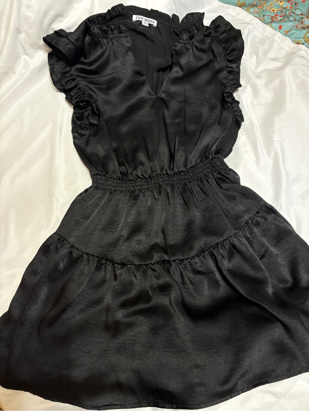 Steve Madden Black Ruffle-Sleeve Elastic Waist Mini Dress